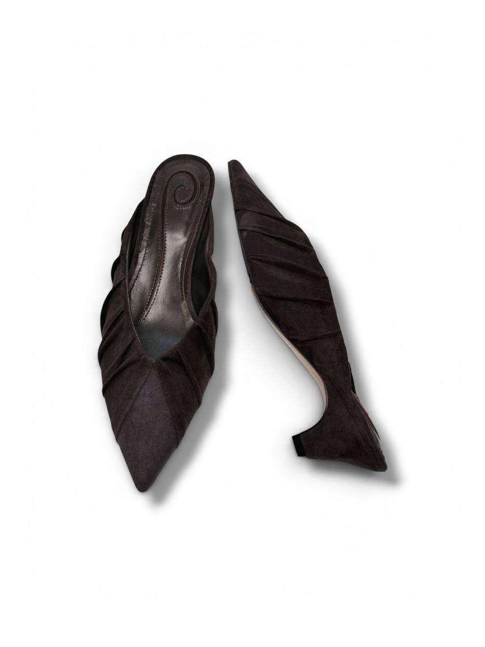 Espresso suede mule heels inspired by quiet luxury