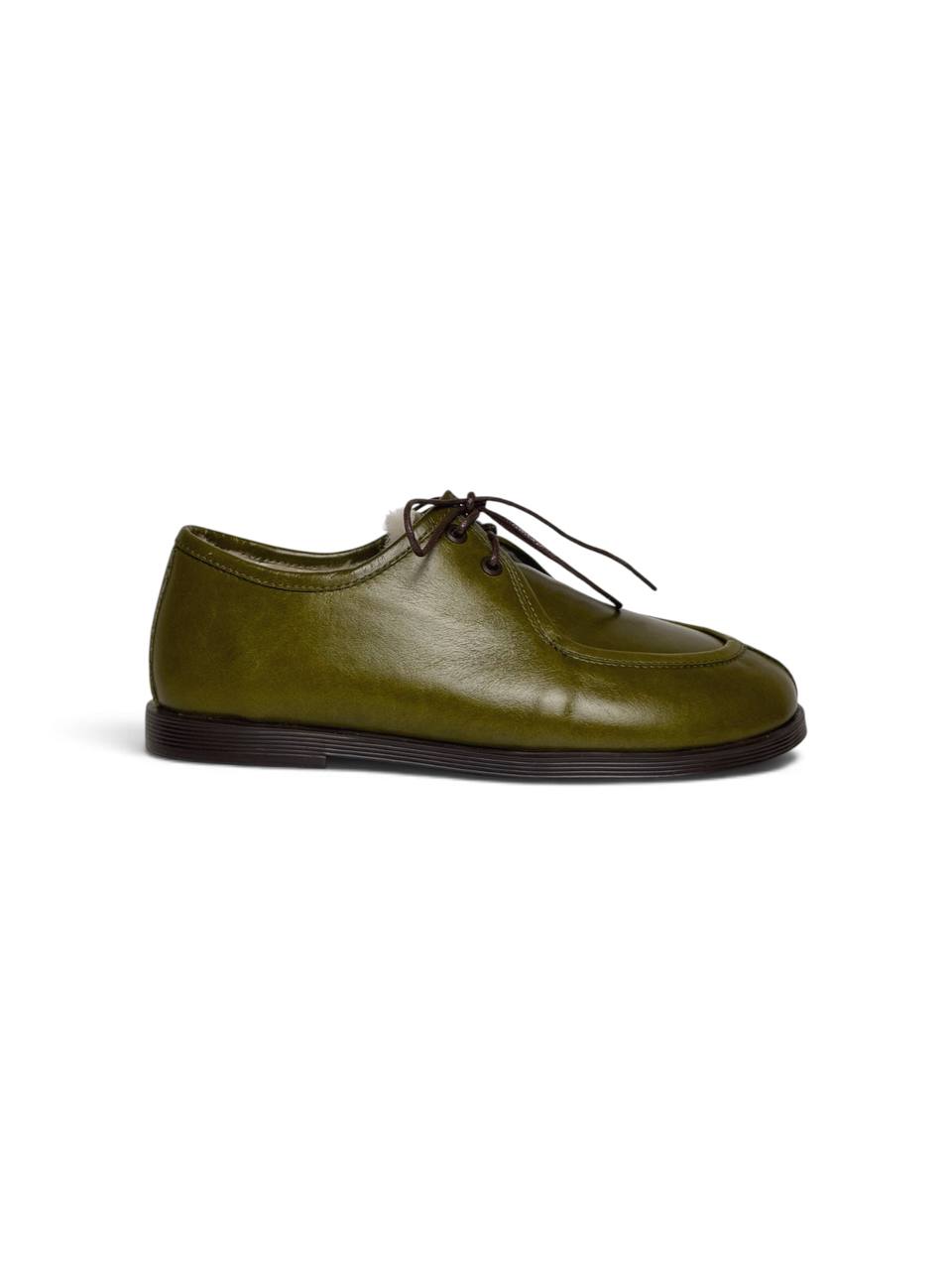 Side profile of olive leather lace-up walker shoes.