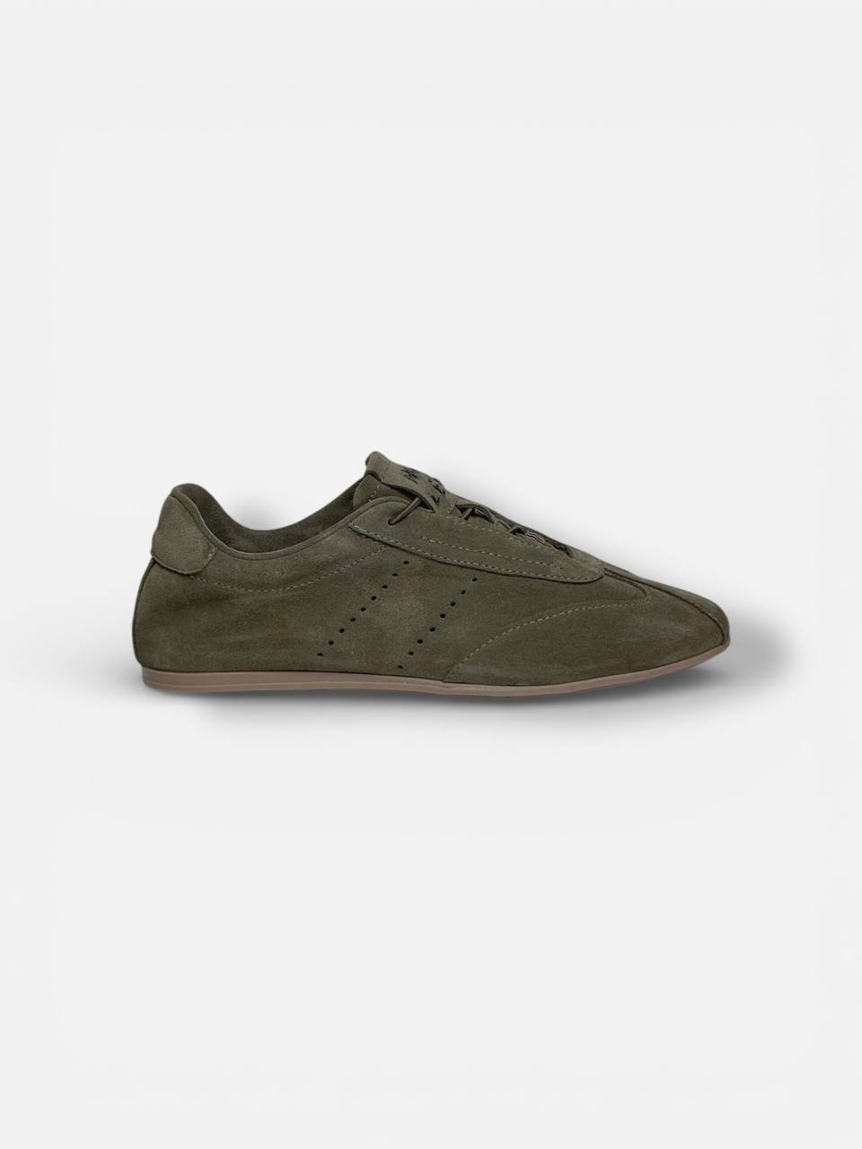 Handmade green suede sneakers side view