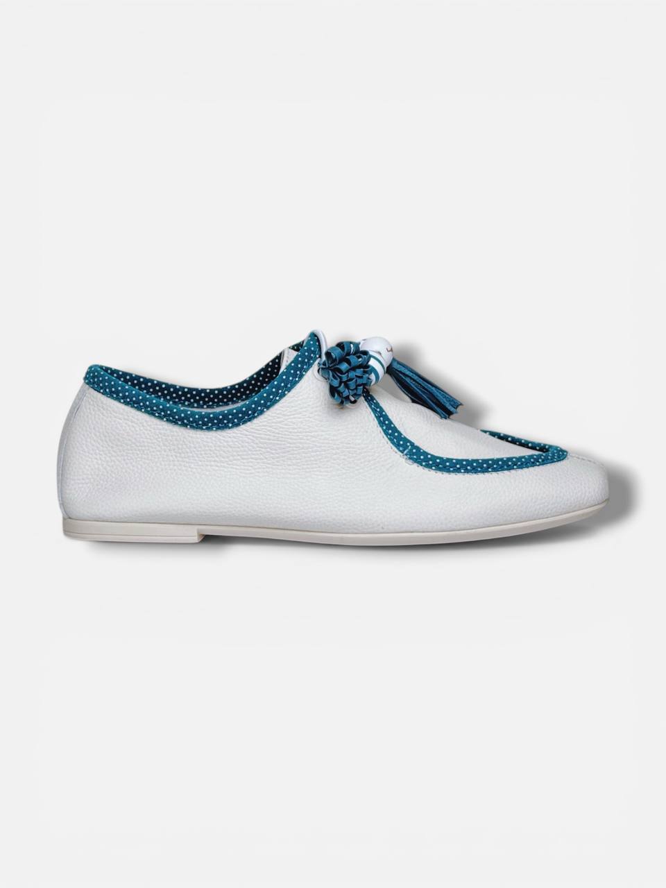Handmade white leather walkers side view aqua details HameleonShoes
