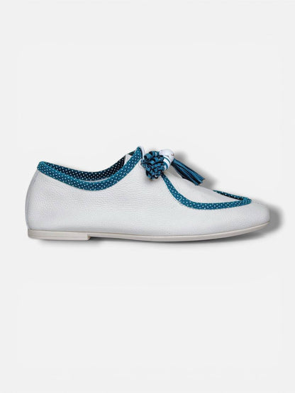 Handmade white leather walkers side view aqua details HameleonShoes