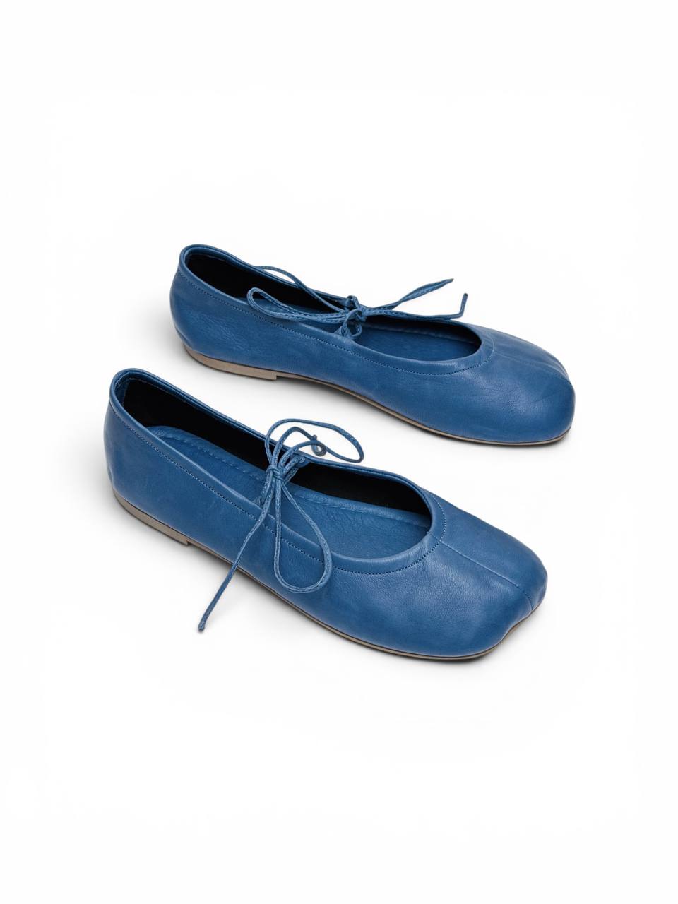 Blue leather ballet flats pair handmade style HameleonShoes