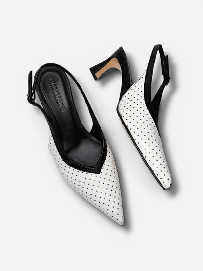 black white slingback heels angled view