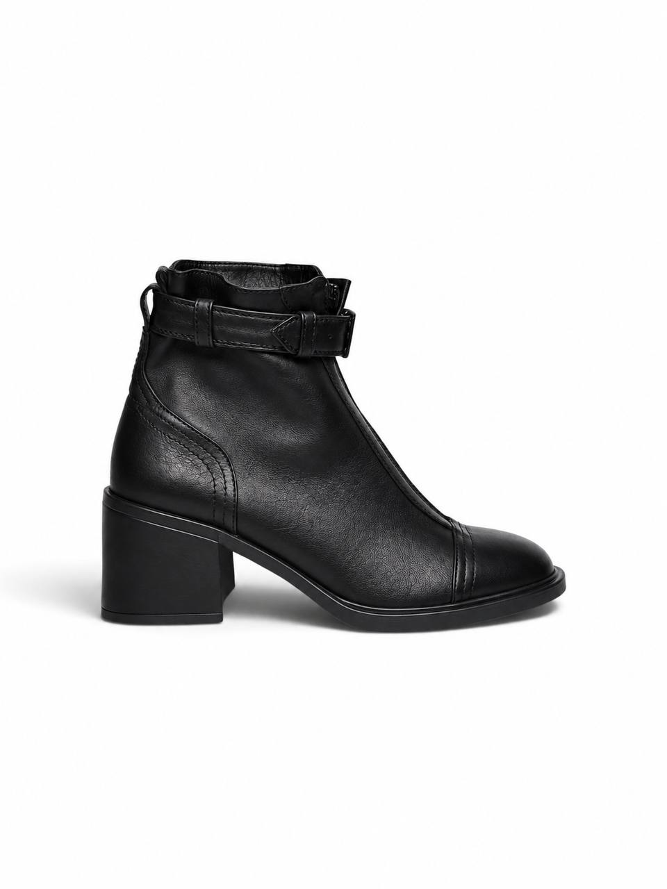 Side view of Rider ankle boot with adjustable leather buckle strap
