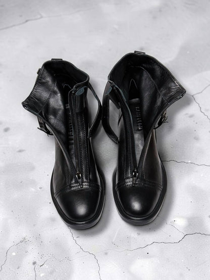 Black boots showing molded polyurethane soles and block heels