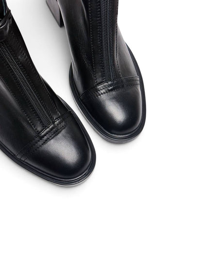 Close-up of rounded toes and stitching on black leather boots
