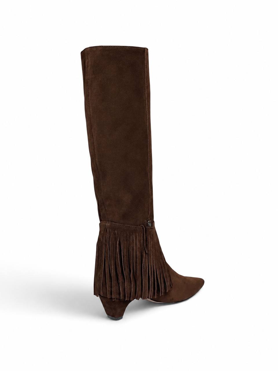 Side view of brown suede boho boots with fringe