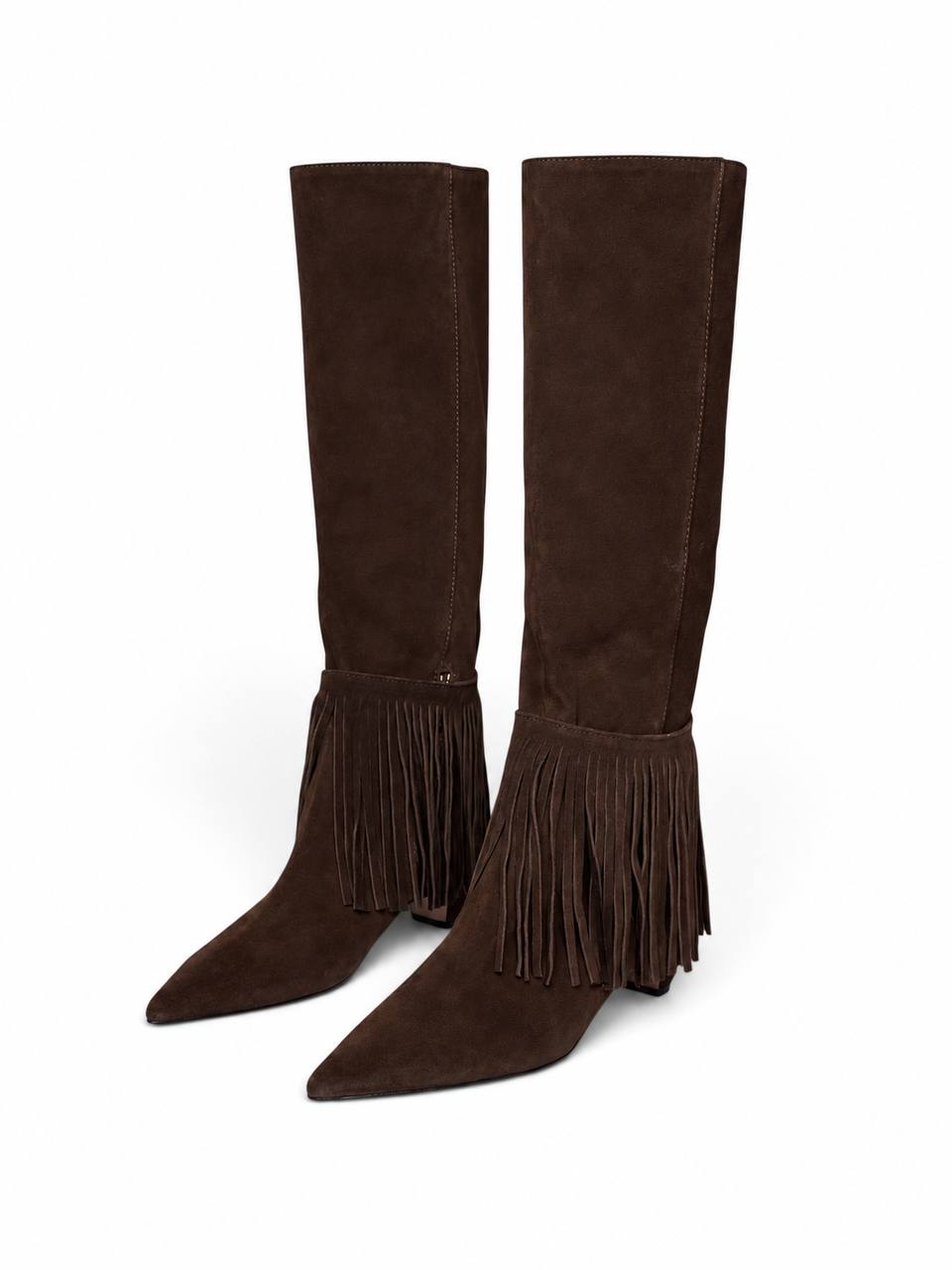Brown suede fringe boho boots with pointed toes and low heels