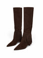 Brown suede fringe boho boots with pointed toes and low heels