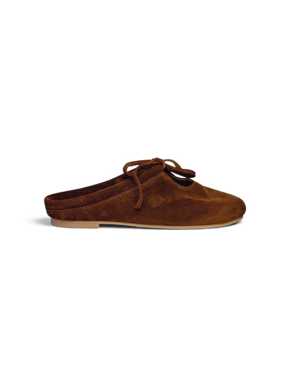 Lulu Toffee suede mule in warm brown, side profile