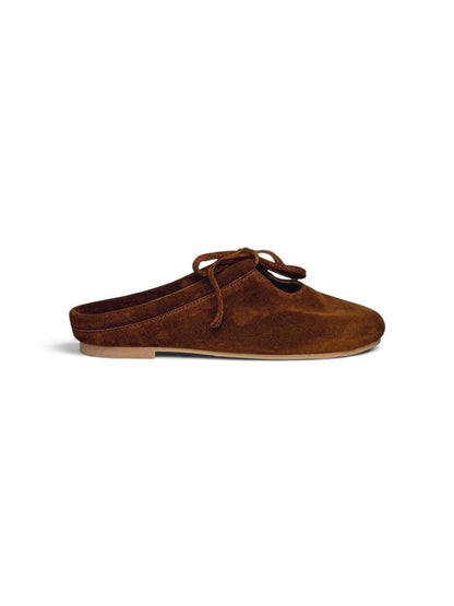 Lulu Toffee suede mule in warm brown, side profile