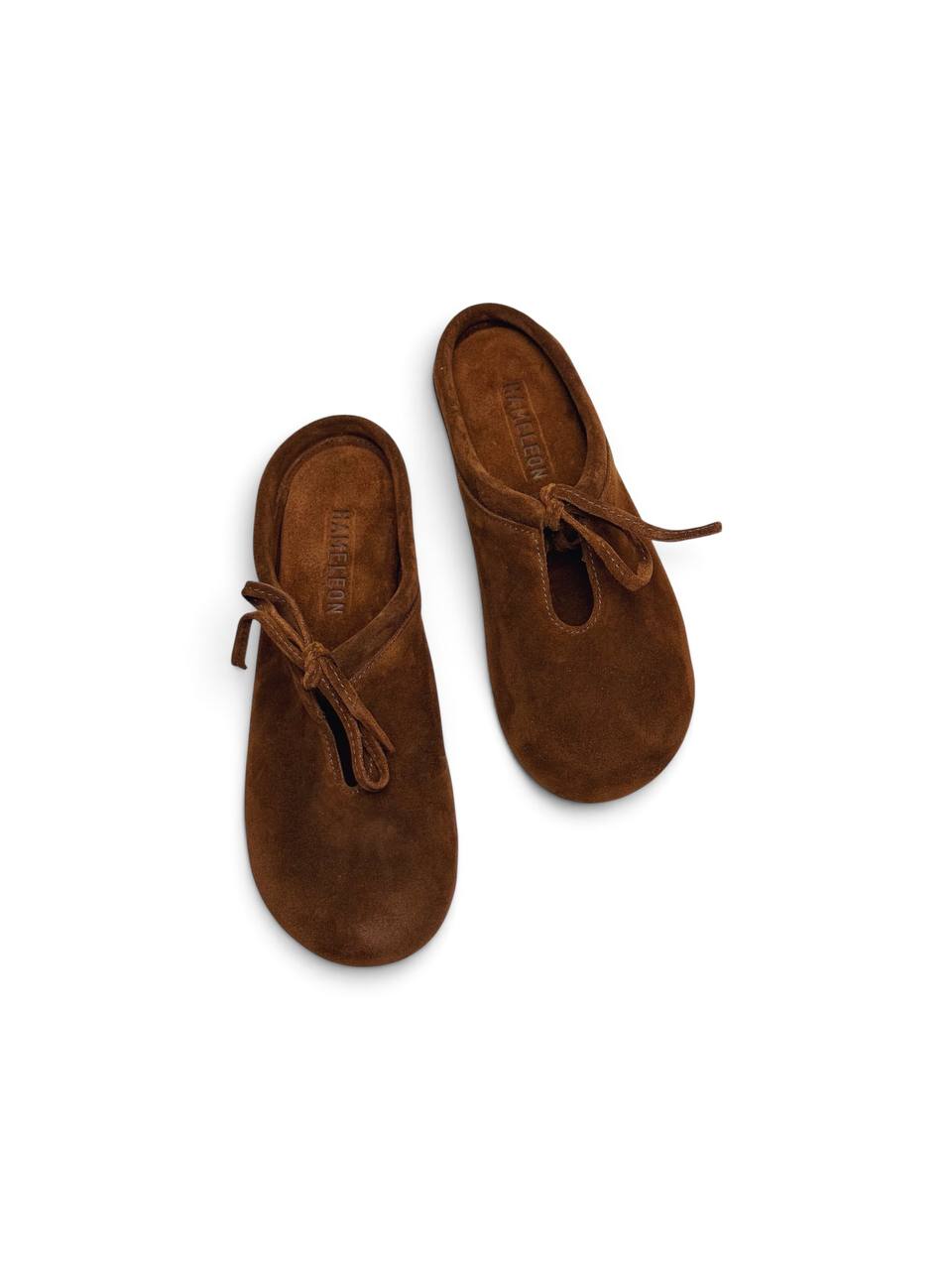 Lulu Toffee mules in brown suede, overhead view