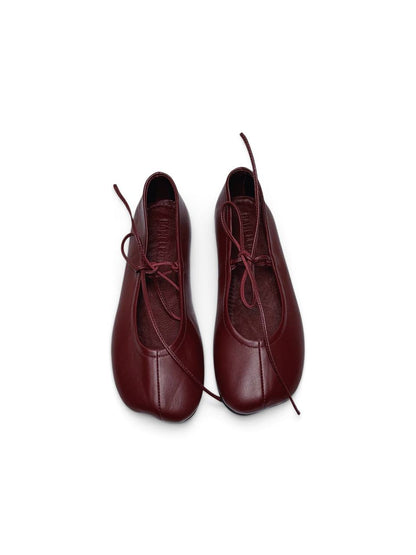 Claret burgundy leather ballet flats with long adjustable ties by HAMELEON