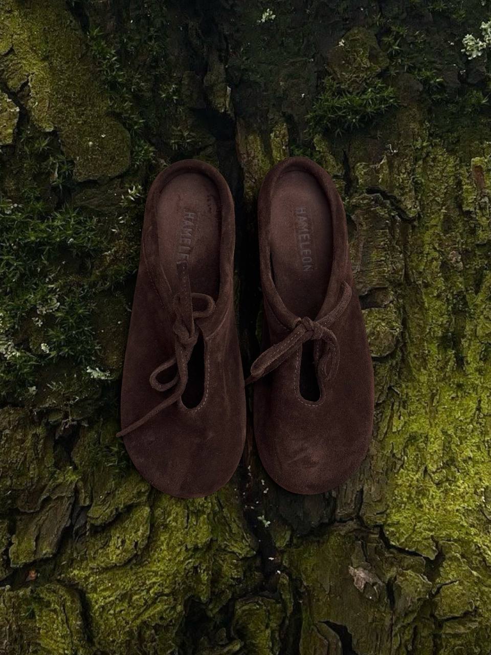 Chestnut suede slipper flats from the Lulu collection on moss-covered tree bark