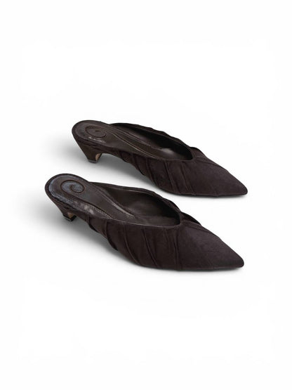 Handmade espresso suede mule heels with pointed toe