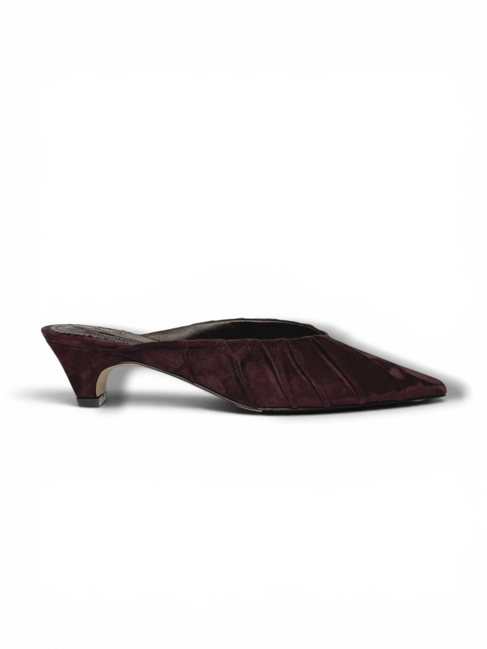 Handmade merlot suede mule heels with refined low heel
