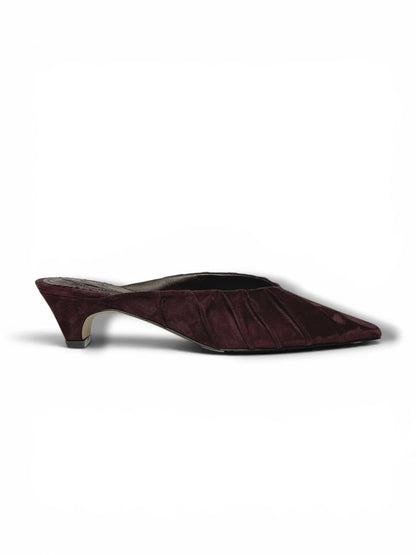 Handmade merlot suede mule heels with refined low heel