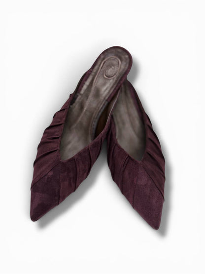 Minimalist pointed toe mule heels in soft Italian suede