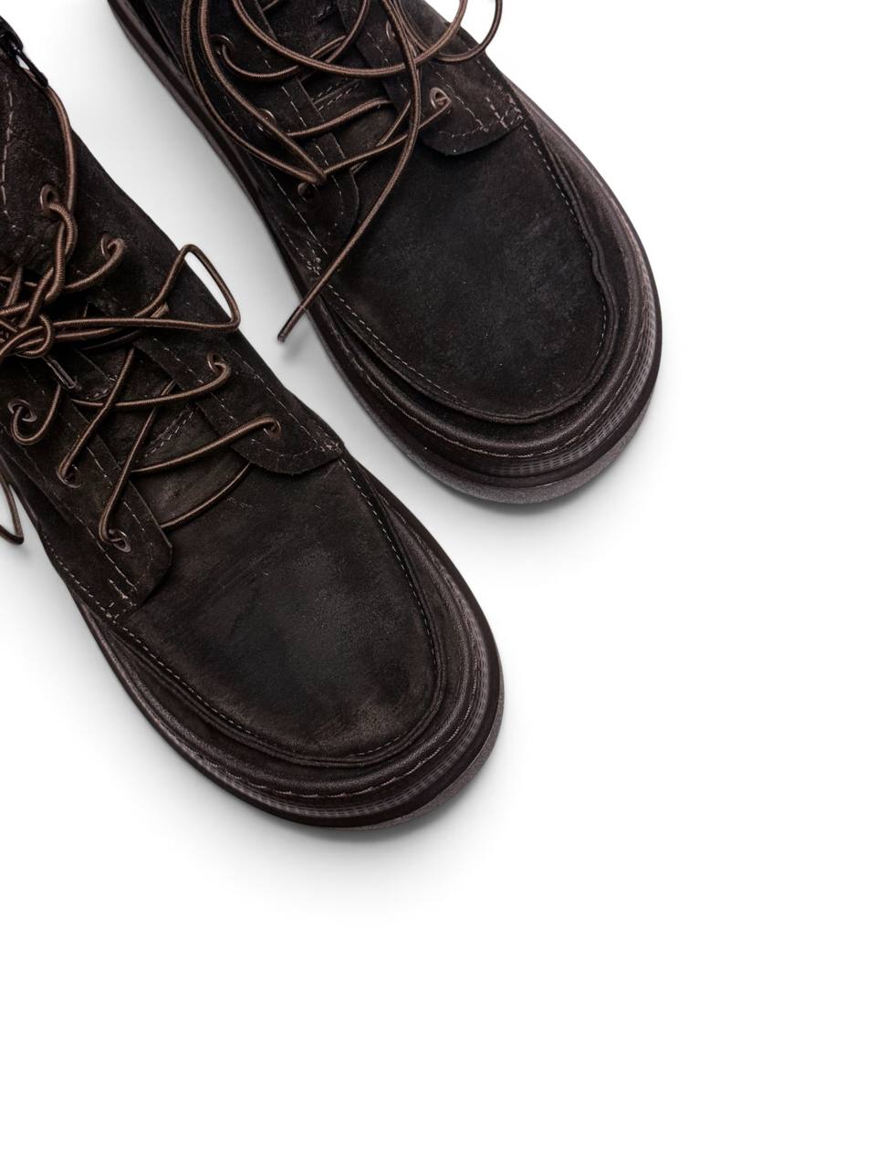 Moc-toe detail on dark brown suede boot Dusk