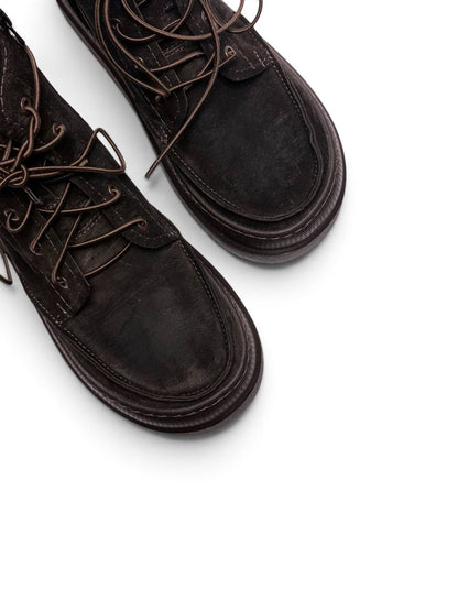 Moc-toe detail on dark brown suede boot Dusk