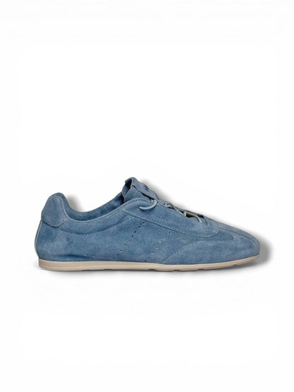 Handmade dusty blue suede sneakers side view minimal