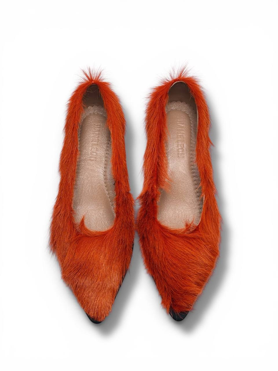 Top view Flame heels natural fur texture