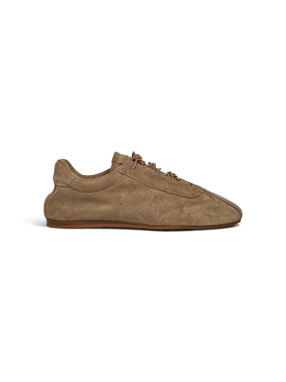 Side view of Flow Dune handmade taupe suede sneakers