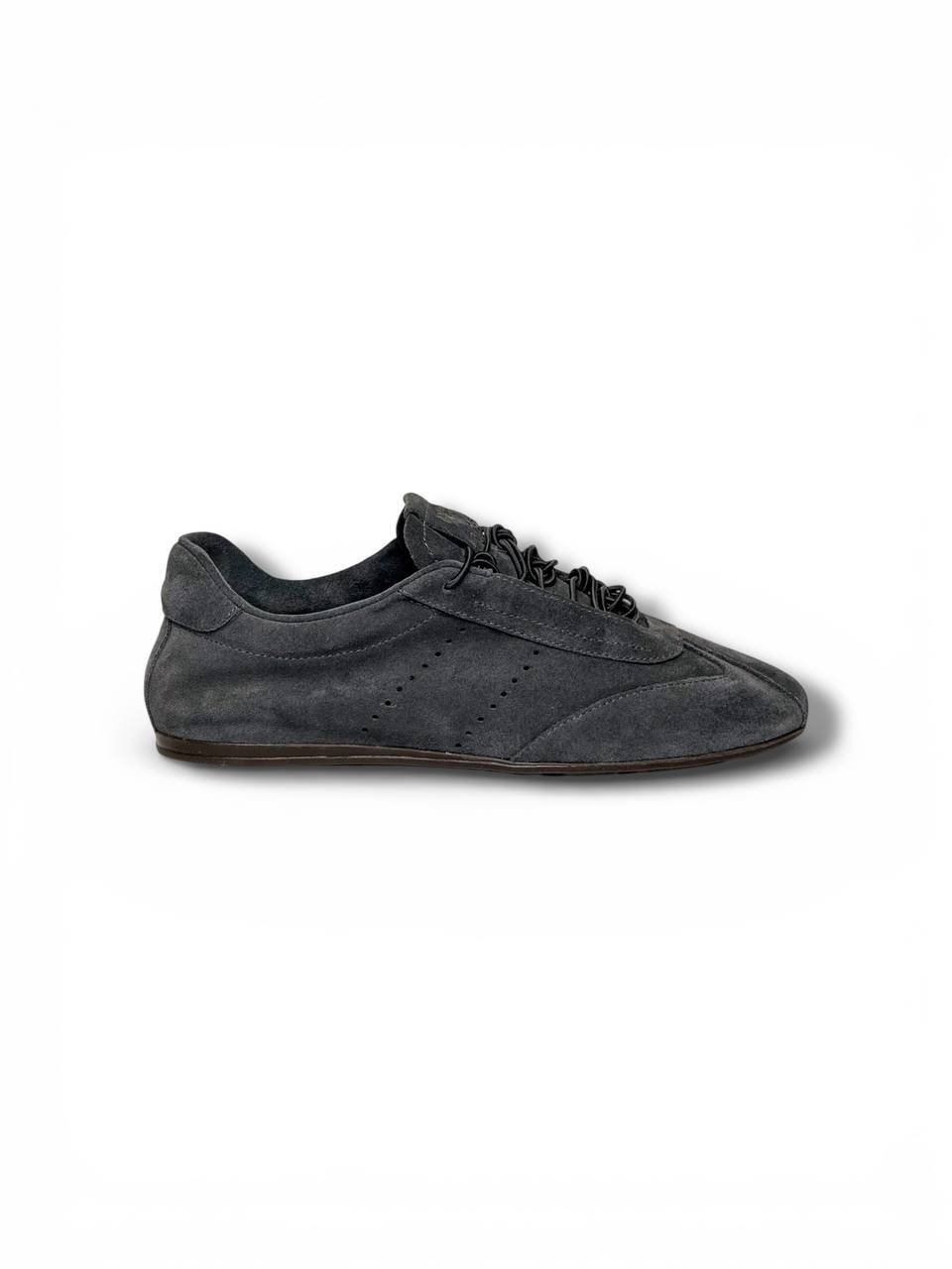 Grey suede sneakers side profile minimal design