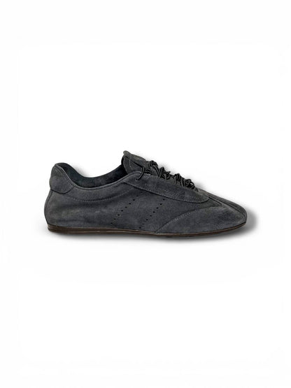 Grey suede sneakers side profile minimal design