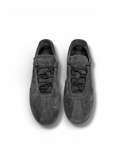 Handmade grey suede sneakers top view