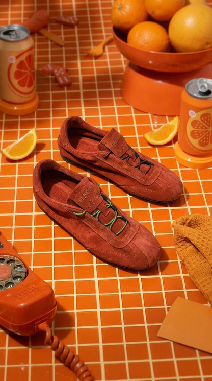 Handmade Flow Terracotta suede sneakers in editorial styling