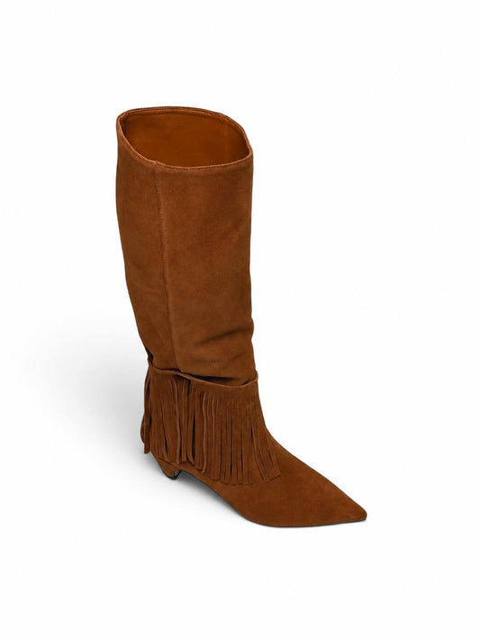 Brown suede boho boots with pointed toes and removable fringe