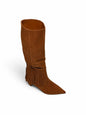 Brown suede boho boots with pointed toes and removable fringe