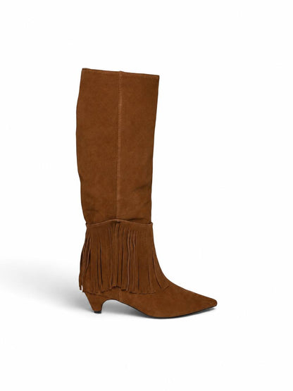 Side view of brown suede fringe boots with sculptural heels