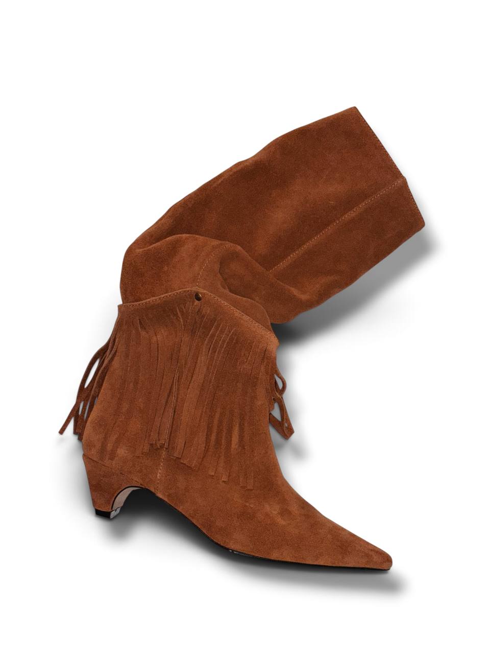 Brown suede fringe boots showing the sculptural low heel
