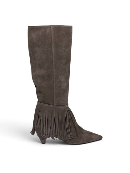 Side profile of taupe knee-high suede boots with long fringe