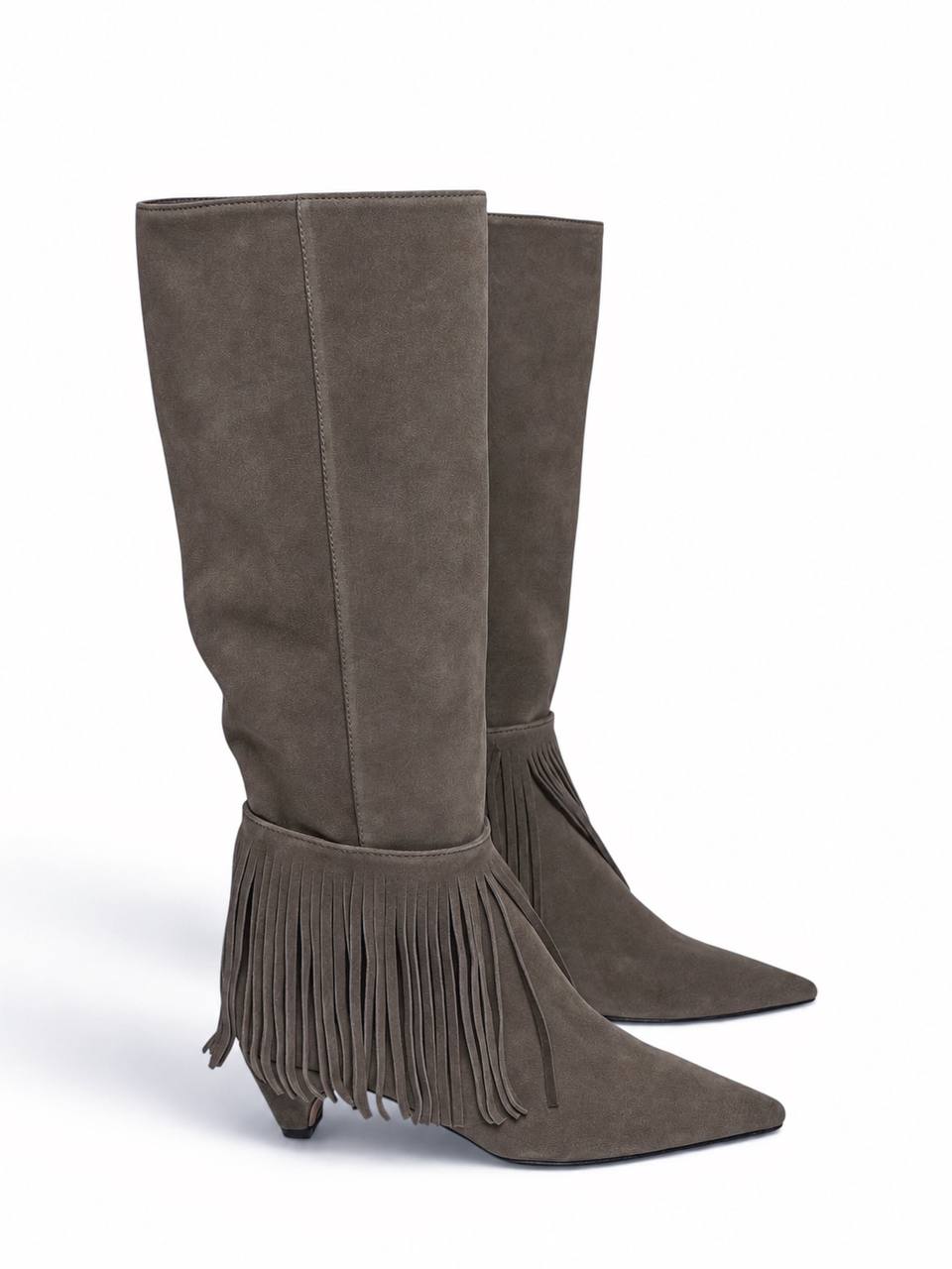 Taupe suede Fringe Switch Boots with removable fringe and pointed toes