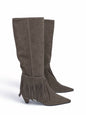 Taupe suede Fringe Switch Boots with removable fringe and pointed toes