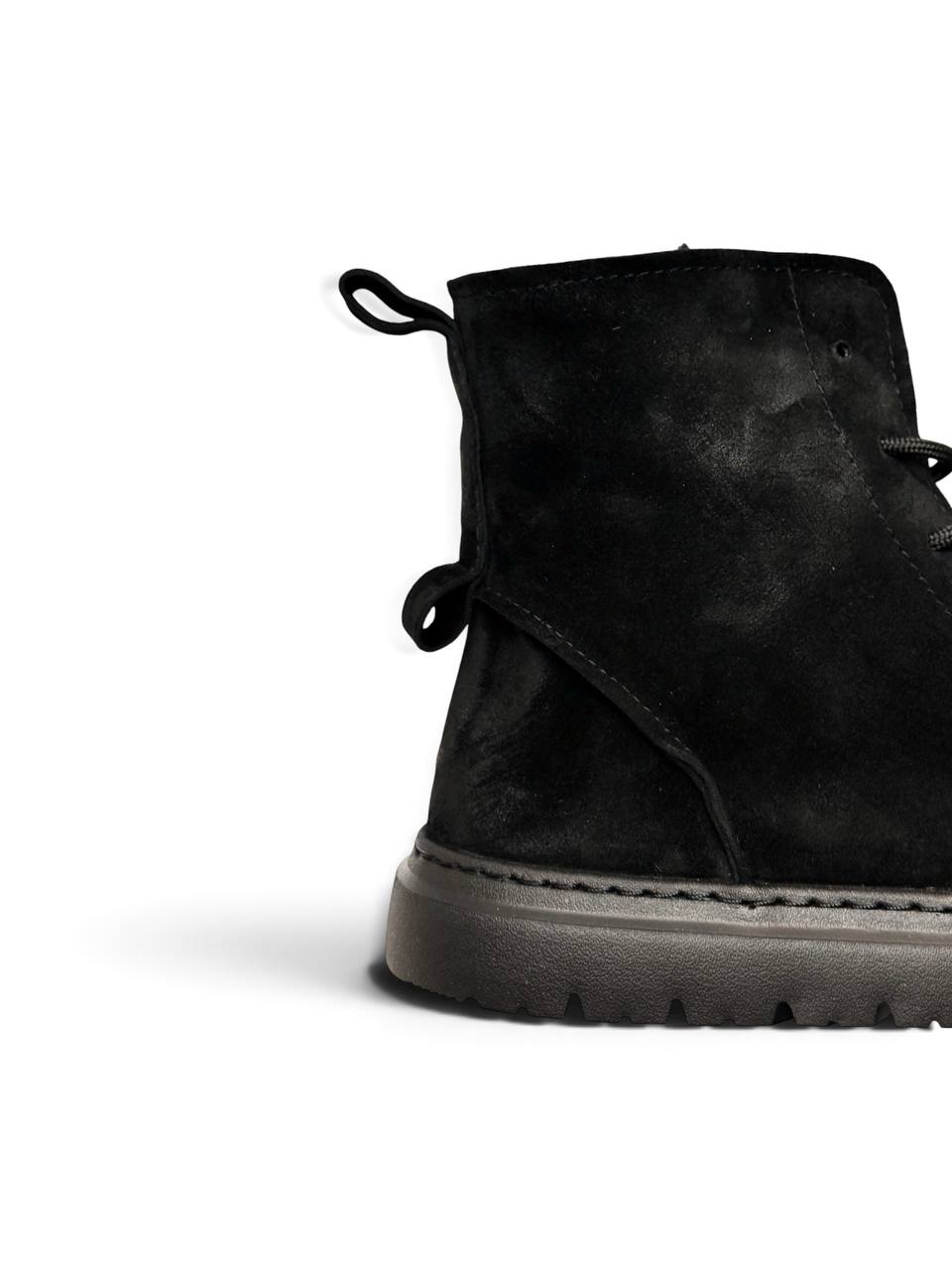 Close-up of Coal boots showing suede texture and heel