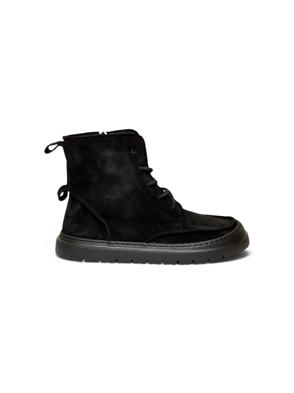 Side profile of black suede Coal boots with zipper