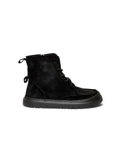 Side profile of black suede Coal boots with zipper