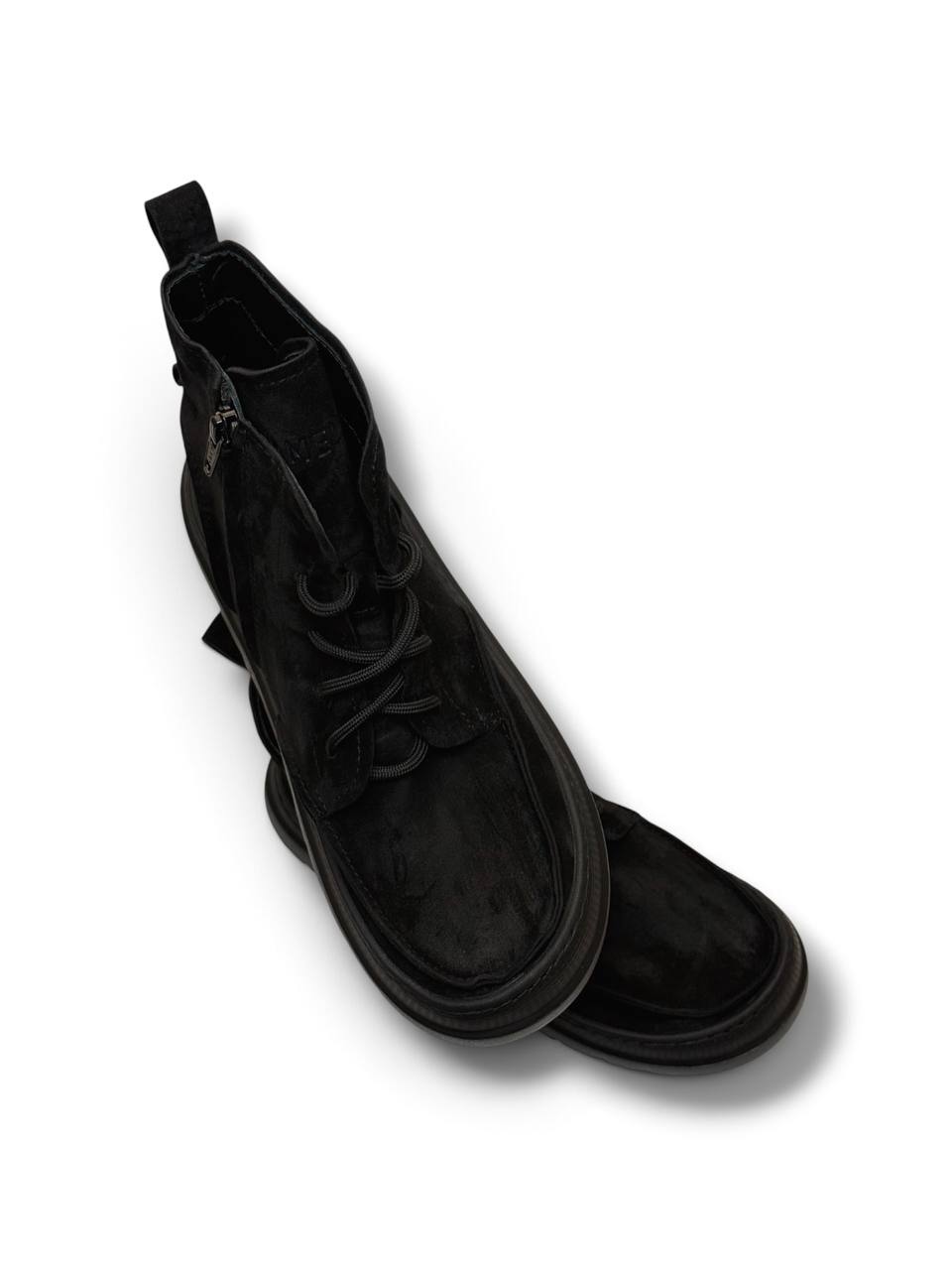 Top view of black suede Coal boots with lacing