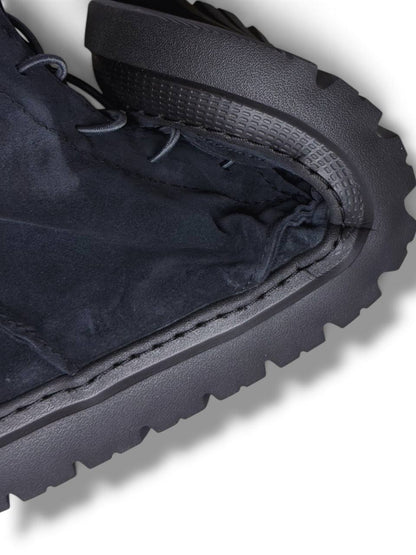 Close-up of rugged EVA lug sole and suede upper
