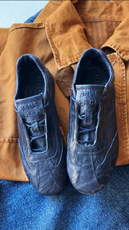 Handmade leather sneakers dark blue top view