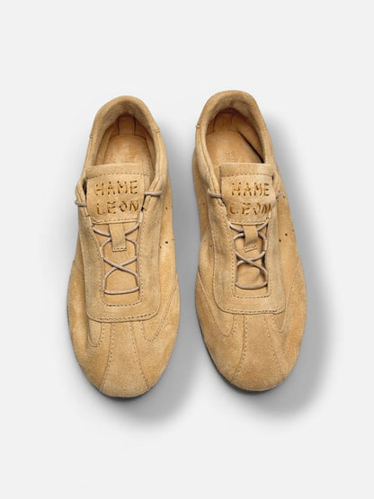 Rounded toe beige suede sneakers lightweight design