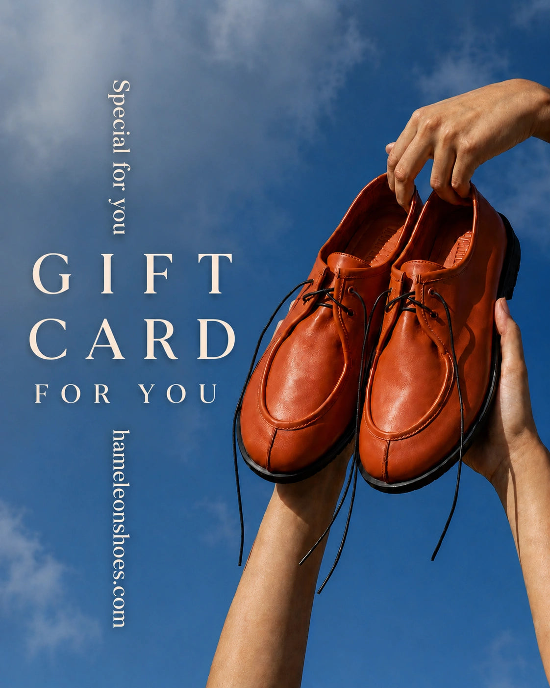 HAMELEON gift card design with handmade orange leather shoes against blue sky