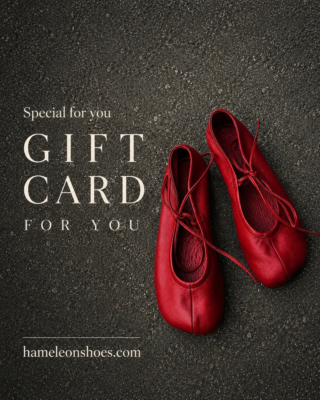 HAMELEON gift card featuring handcrafted red leather ballet flats on a textured dark surface