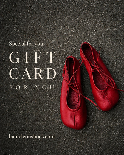 HAMELEON gift card featuring handcrafted red leather ballet flats on a textured dark surface