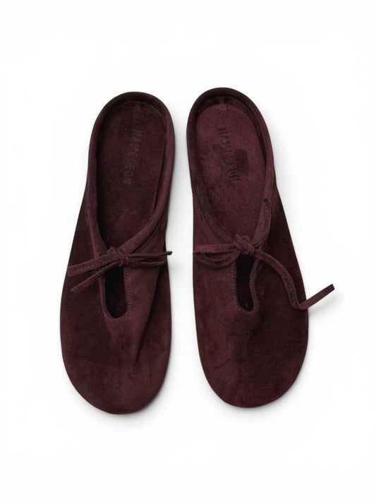 Editorial suede mules Lulu Bordeaux contemporary minimalist style