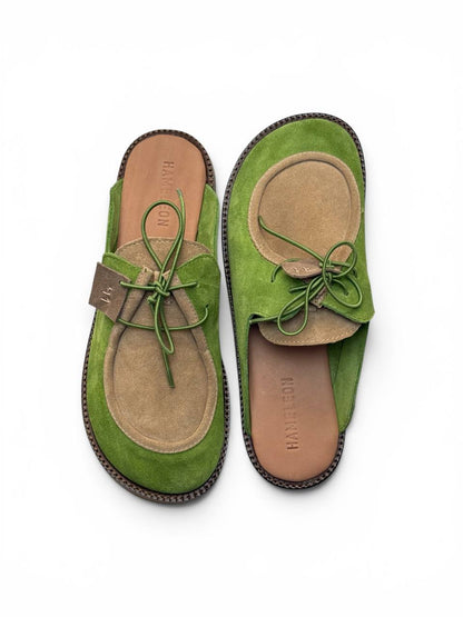 Editorial green suede mules contemporary minimalist style